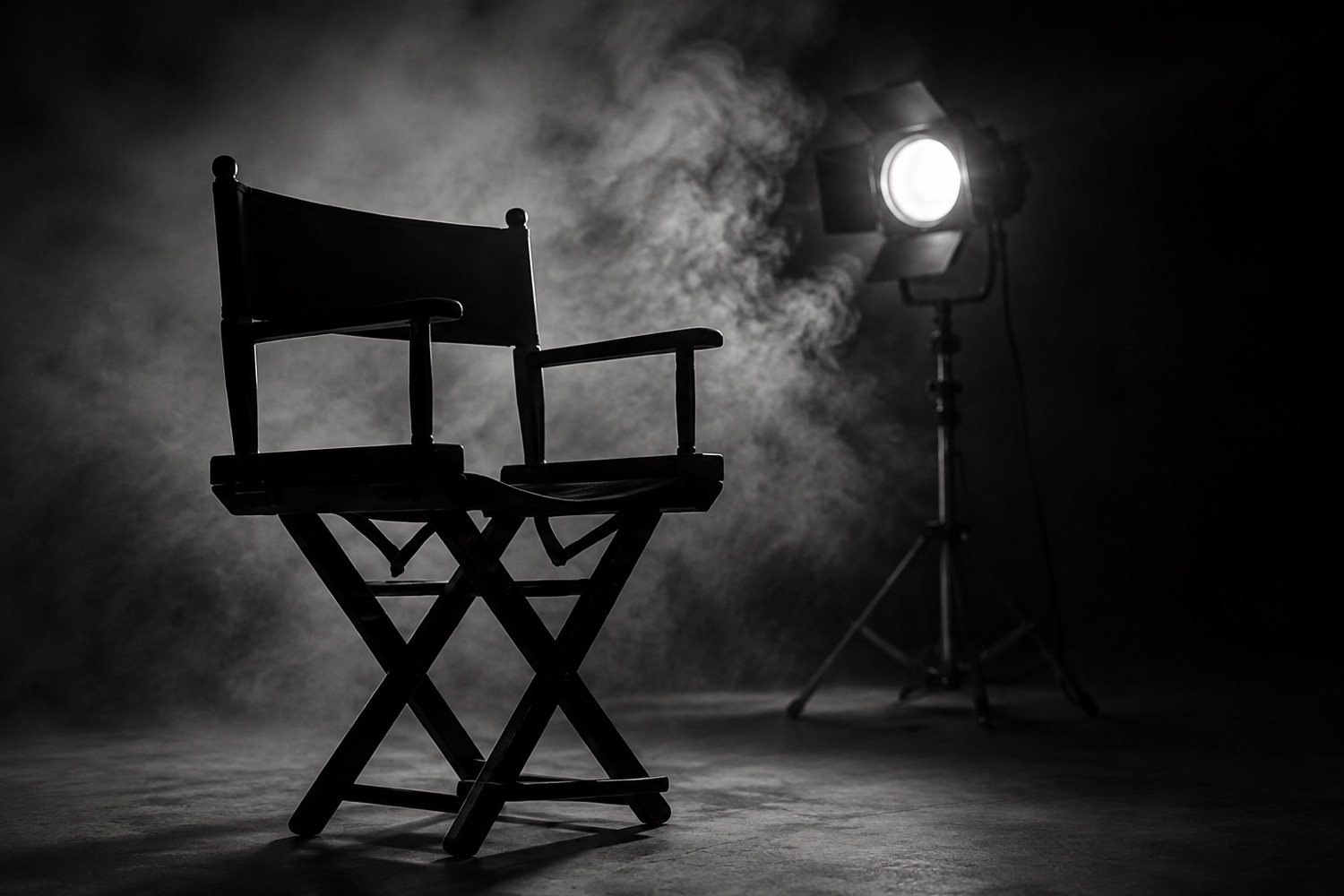 A director's chair and lamp on a smoke-filled set