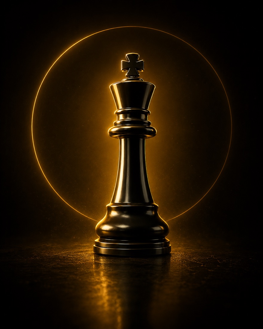A chess king lit against the dark